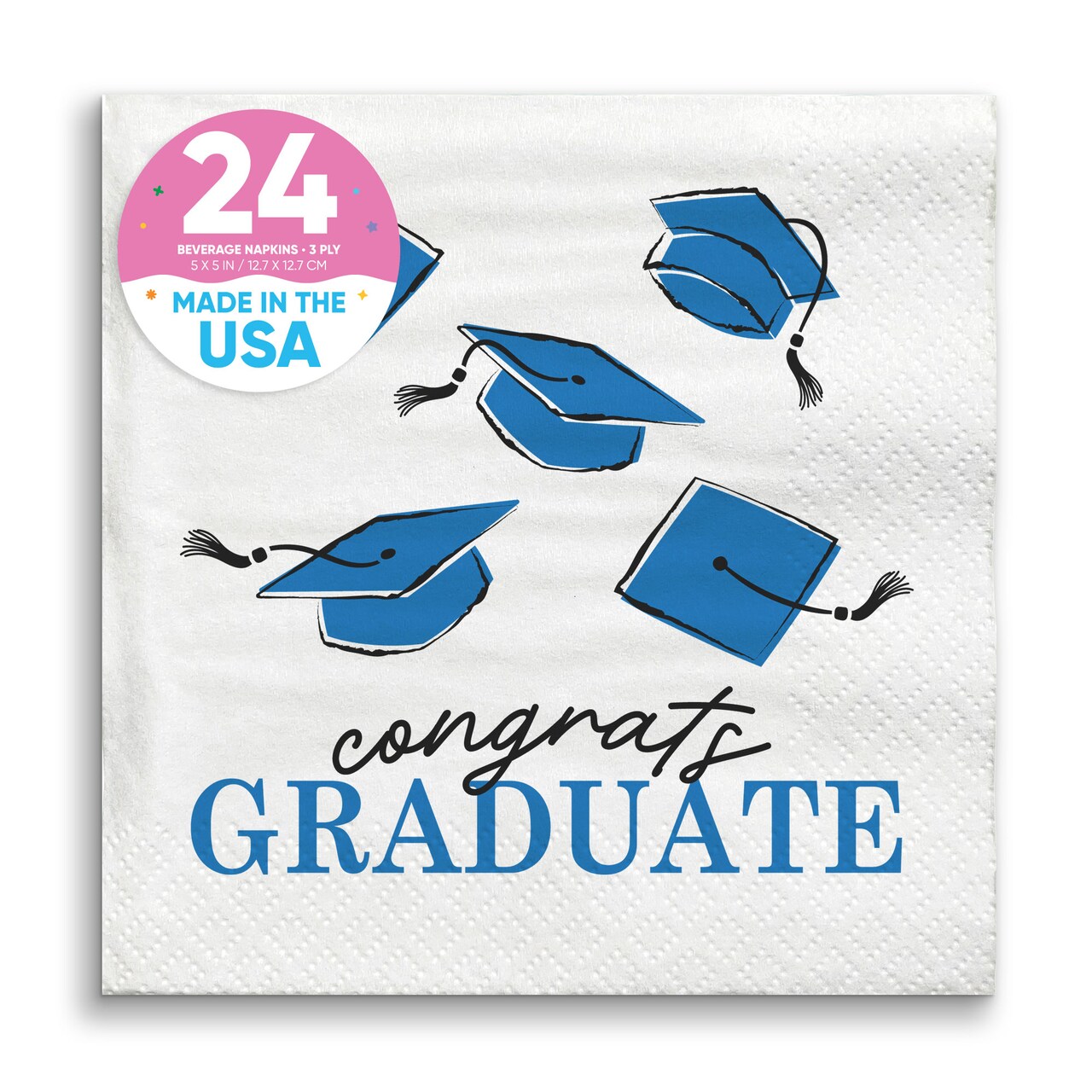Big Dot of Happiness Blue Graduation Napkins, Congrats Graduate Supplies, Royal Blue Printing on White 3-Ply Paper Beverage Cocktail Napkins - 24 Ct